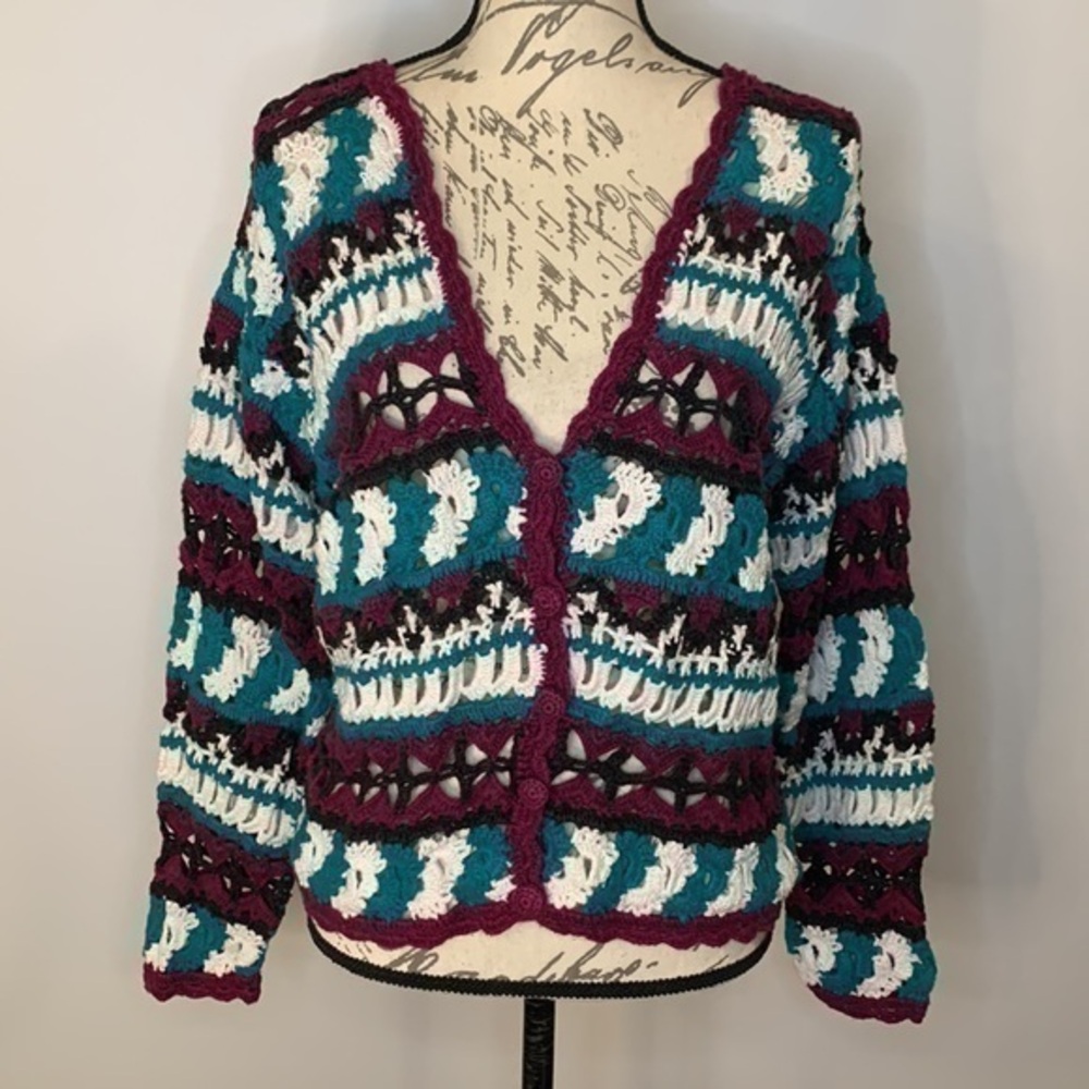 Vintage AJ Brandon hand crochet cardigan sweater L see measurements
